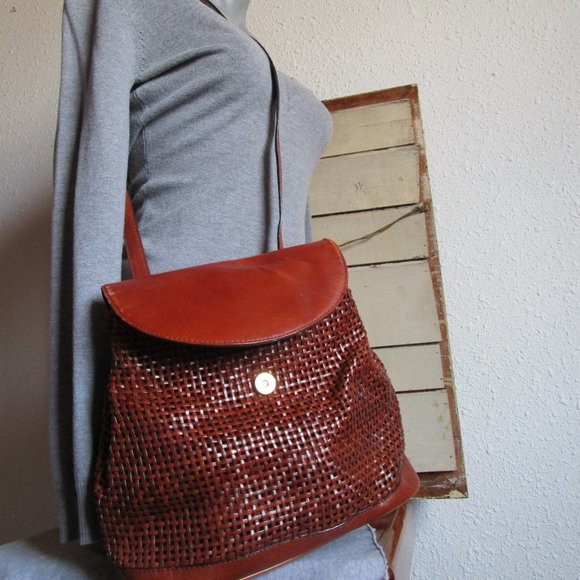 Brown leather wicker style handbag with long strap. Bruno Lorelli. 12x10" Used. - Picture 9 of 12